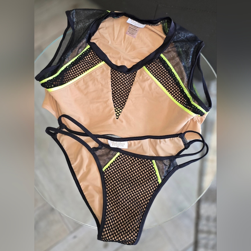 Beach Bunny Swimwear Mesh Bikini Set with Neon Accents